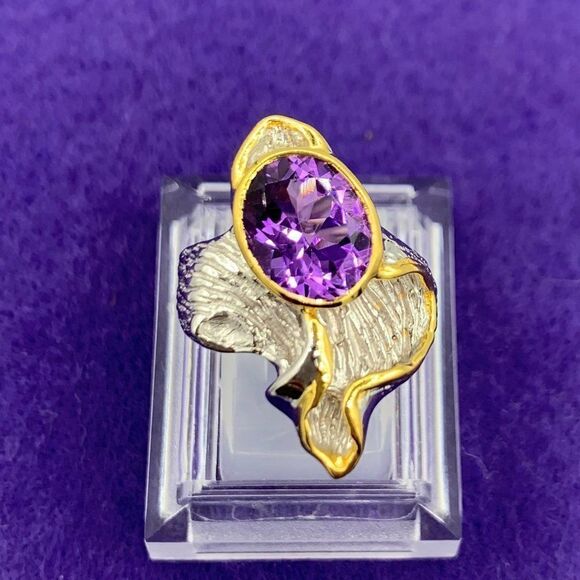 Ring, solid 925 sterling silver, 24 Karat gold, real amethyst, adjustabl… - Picture 9 of 15
